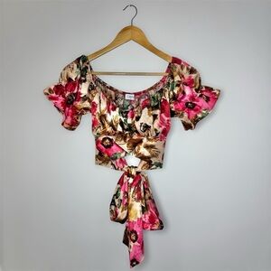 Floral Puff Sleeve Tie-Back Top